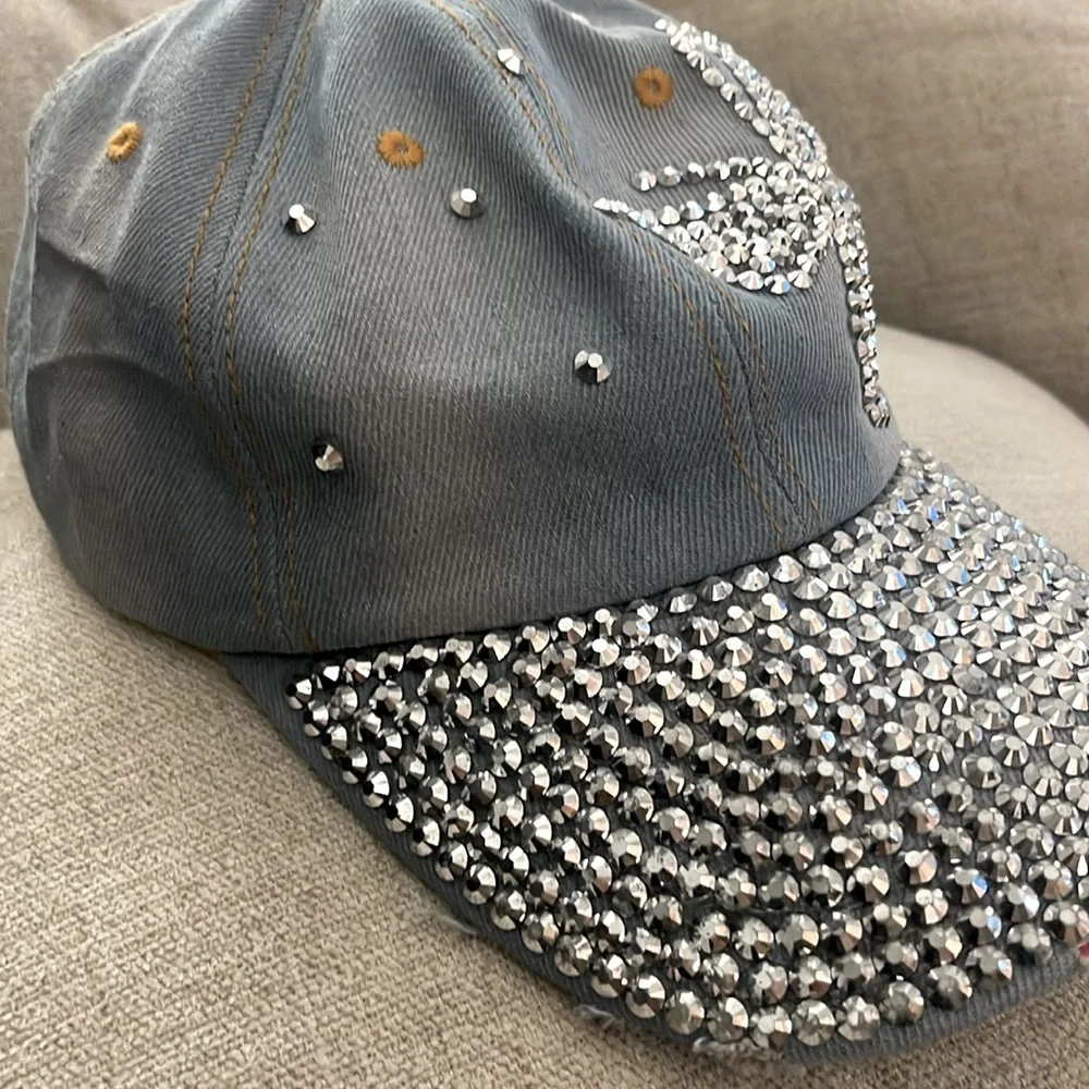 Embellished Ball Cap Distressed Light Denim‎ Silver Stud Butterfly Baseball Hat